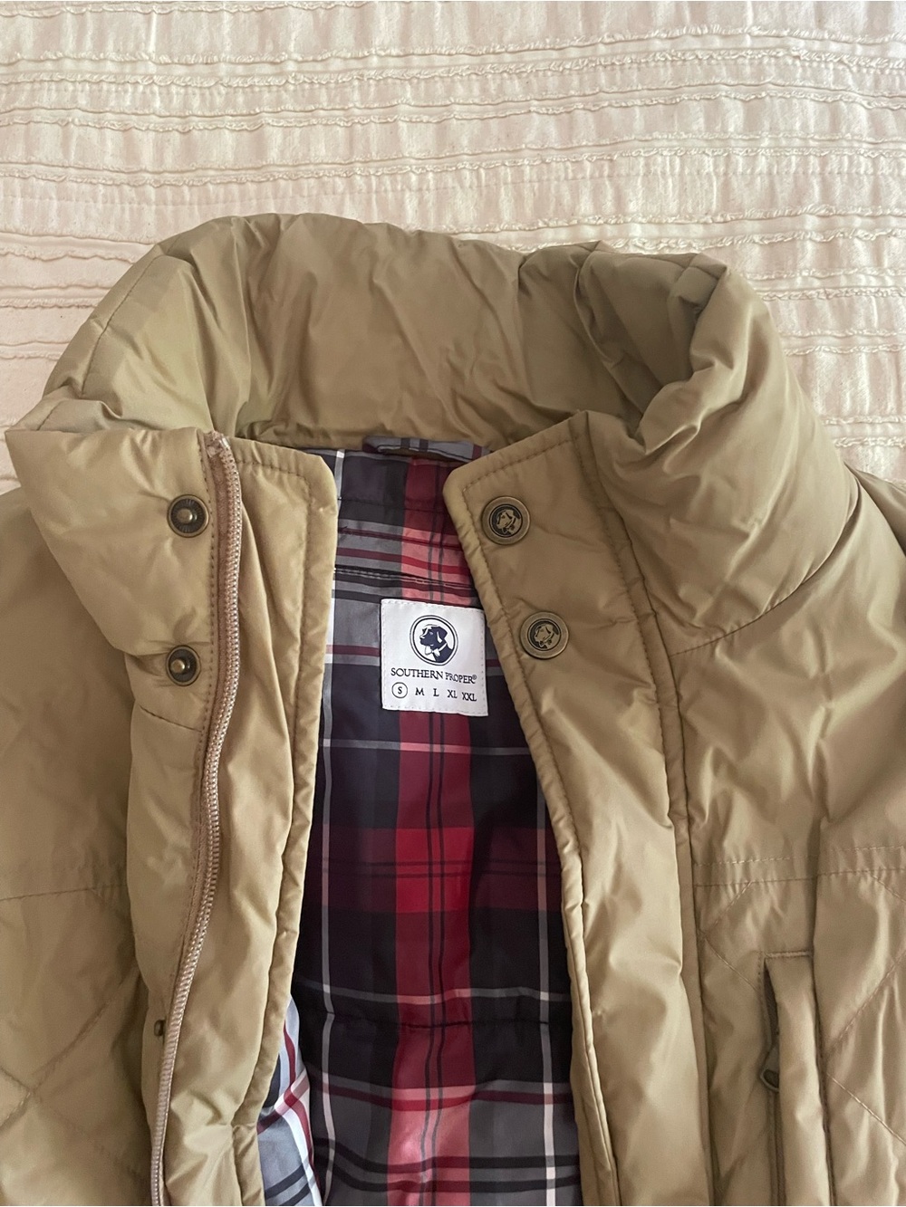 Southern Proper Khaki Quilted Puffer Coat with Plaid Lining